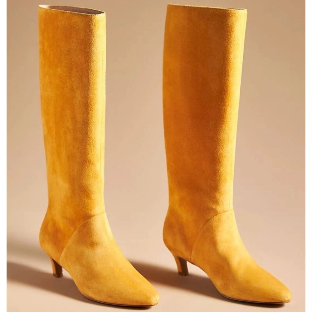 NEW ANTHROPOLOGIE SILENT D Size 38 ERENA KITTEN HEEL SLOUCH BOOTS yellow SUEDE